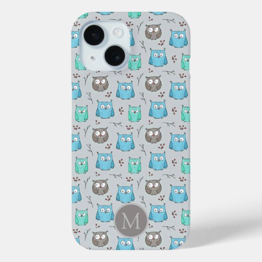 Cute Blue Gray Owl Pattern Monogram Case-Mate iPhone Case (Achterkant)