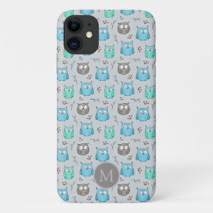 Cute Blue Gray Owl Pattern Monogram iPhone 11 Hoesje