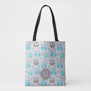 Cute Blue Gray Owl Pattern Monogram Draagtas