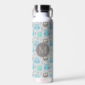 Cute Blue Gray Owl Pattern Monogram Waterfles (Voorkant)