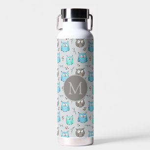 Cute Blue Gray Owl Pattern Monogram Waterfles