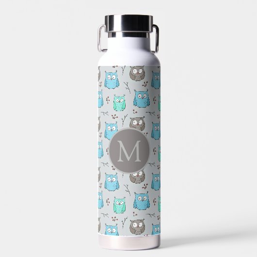 Cute Blue Gray Owl Pattern Monogram Waterfles (Voorkant)