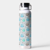 Cute Blue Gray Owl Pattern Monogram Waterfles (Achterkant)