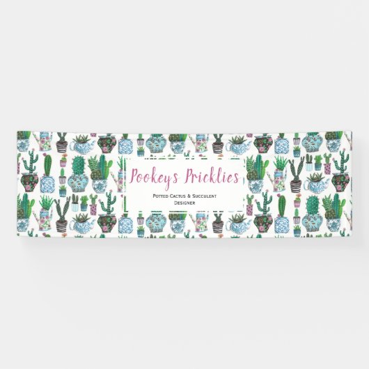 Cute blue & green cactus & succulent pottenpatroon spandoek (Horizontaal)