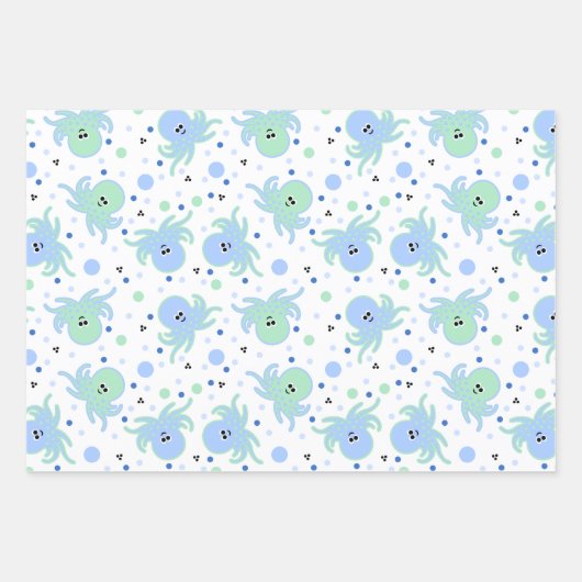 Cute Blue & Green Octopus, Stripes, Polka-Stippen Inpakpapier Vel (Voorkant)