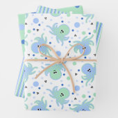Cute Blue & Green Octopus, Stripes, Polka-Stippen Inpakpapier Vel (In situ)