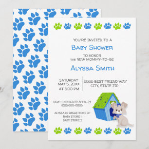 Cute Blue Green Puppy Dog Baby shower Invite Kaart