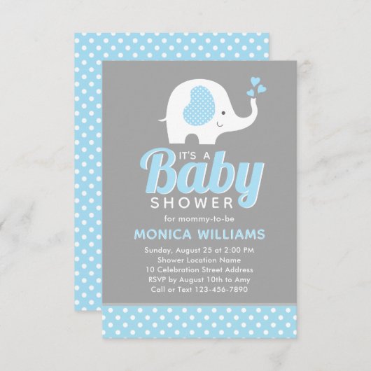 Cute Blue Grey Boy Baby shower Invitation Elephant (Devant / Derrière)
