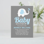 Cute Blue Grey Boy Elephant Baby shower Invitation (Debout devant)