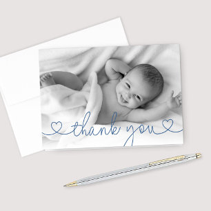Cute Blue Heart Script Custom Baby Photo Bedankkaart
