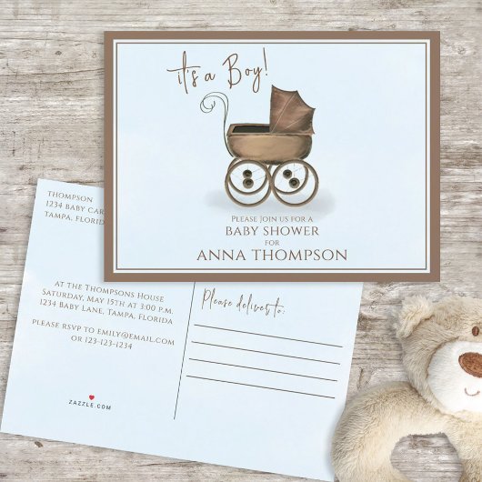 Cute Blue Het is een jongen Baby Carriage Classic Uitnodiging Briefkaart