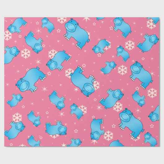 Cute blue hippo kerst roze sneeuwvlokken cadeaupapier (Vlak)