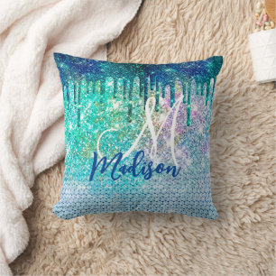 Cute blue iridescent unicorn faux glitter monogram kussen