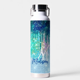 Cute blue iridescent unicorn faux glitter monogram waterfles