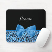Cute Blue Jaguar Print Bright Blue Ribbon en Name Muismat (Met muis)