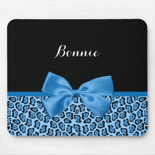 Cute Blue Jaguar Print Bright Blue Ribbon en Name Muismat (Voorkant)