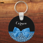 Cute Blue Jaguar Print Bright Blue Ribbon en Name Sleutelhanger (Voorkant)