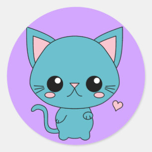 Cute Blue Kawaii Cat Ronde Sticker