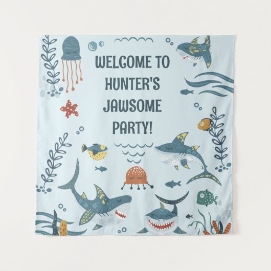 Cute Blue Kind Shark Birthday Welcome Tapestry Wandkleed (Voorkant)