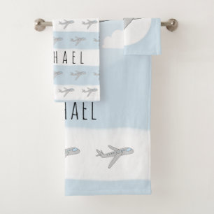 Cute Blue Kinder Blue Airplane Travel Design & Nam Bad Handdoek