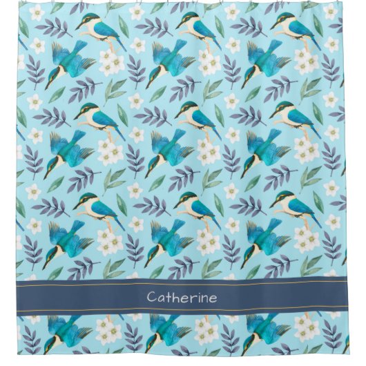 Cute Blue Kingfisher Birds Floral Pattern Name Douchegordijn (Voorkant)