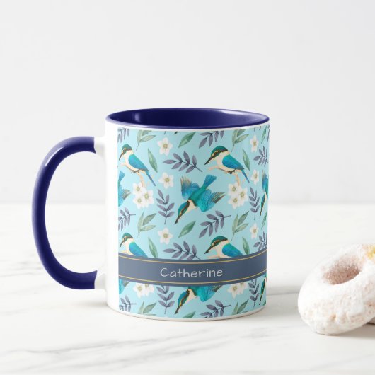 Cute Blue Kingfisher Birds Floral Pattern Name Mok (Met donut)