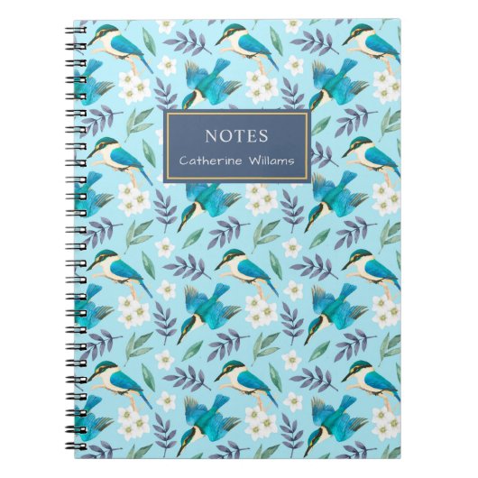 Cute Blue Kingfisher Birds Floral Pattern Name Notitieboek (Voorkant)