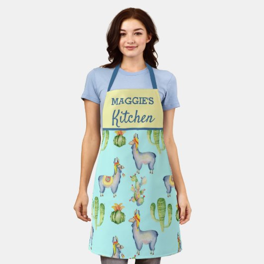 Cute Blue Llama Cactus Succulent Pattern Kitchen Schort (Gedragen)