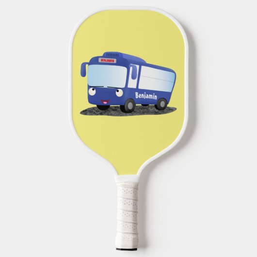 Cute blue modern bus cartoon illustratie pickleball paddle (Achterkant)