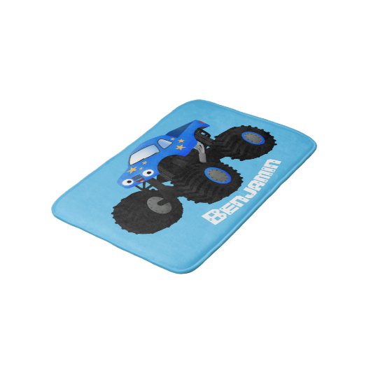 Cute blue monster truck cartoon illustratie badmat (Gekanteld)