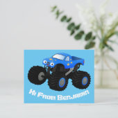 Cute blue monster truck cartoon illustratie briefkaart (Staand voorkant)