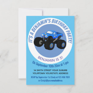 Cute blue monster truck cartoon illustratie kaart