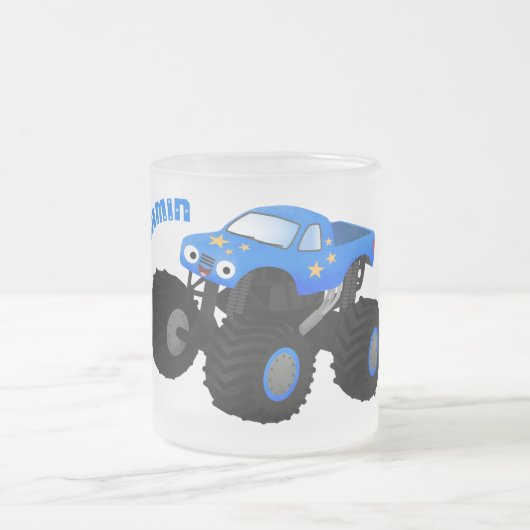 Cute blue monster truck cartoon illustratie matglas koffiemok (Center)