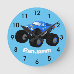 Cute blue monster truck cartoon illustratie ronde klok