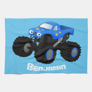 Cute blue monster truck cartoon illustratie theedoek