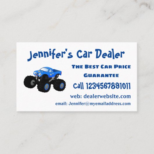 Cute blue monster truck cartoon illustratie visitekaartje (Voorkant)