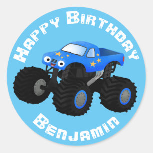 Cute blue-monstertruck cartoon verjaardag ronde sticker