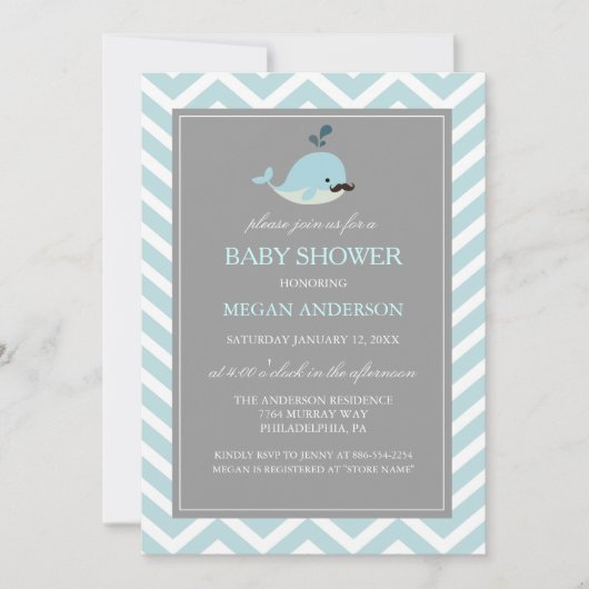 Cute Blue Mustache Whale Boy Invitation Baby showe (Devant)