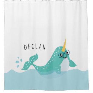 Cute Blue Narwhal met Glasses Kinder Douchegordijn
