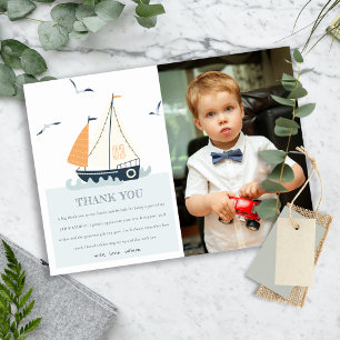 Cute Blue Nautical Sailboat Kinder Foto Birthday Bedankkaart