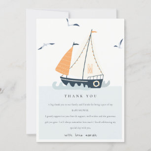 Cute Blue Nautical Sailboat Pastel Baby shower Bedankkaart