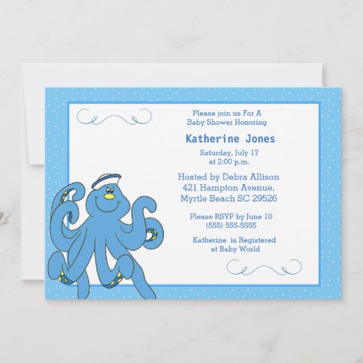 Cute Blue Octopus Baby shower Invitation Kaart (Voorkant)