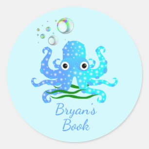 Cute Blue Octopus met bubels Nautical Book Bord Ronde Sticker