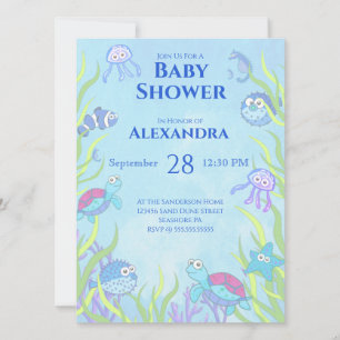 Cute Blue onder Zee Boy Baby shower Invitation