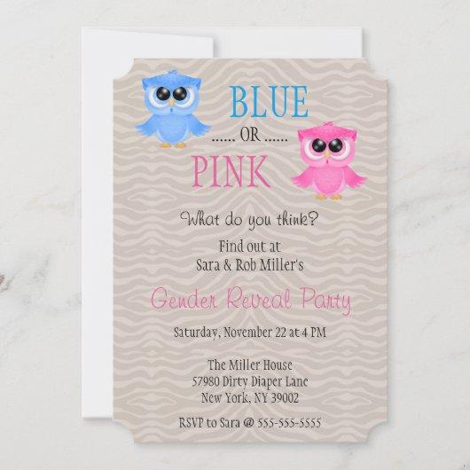 Cute Blue ou Pink Owl Invitation de la révélation (Devant)