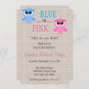 Cute Blue ou Pink Owl Invitation de la révélation 