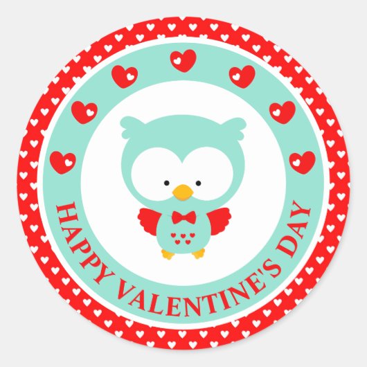 Cute Blue Owl and Hearts Valentijnsdag Ronde Sticker (Voorkant)