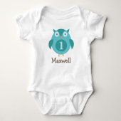 Cute Blue Owl Boy Name First Birthday Party Romper (Voorkant)