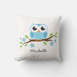 Cute blue owl op gepersonaliseerde naam van de blo kussen