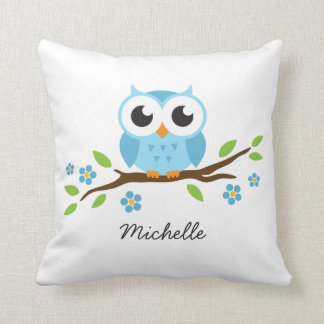 Cute blue owl op gepersonaliseerde naam van de blo kussen